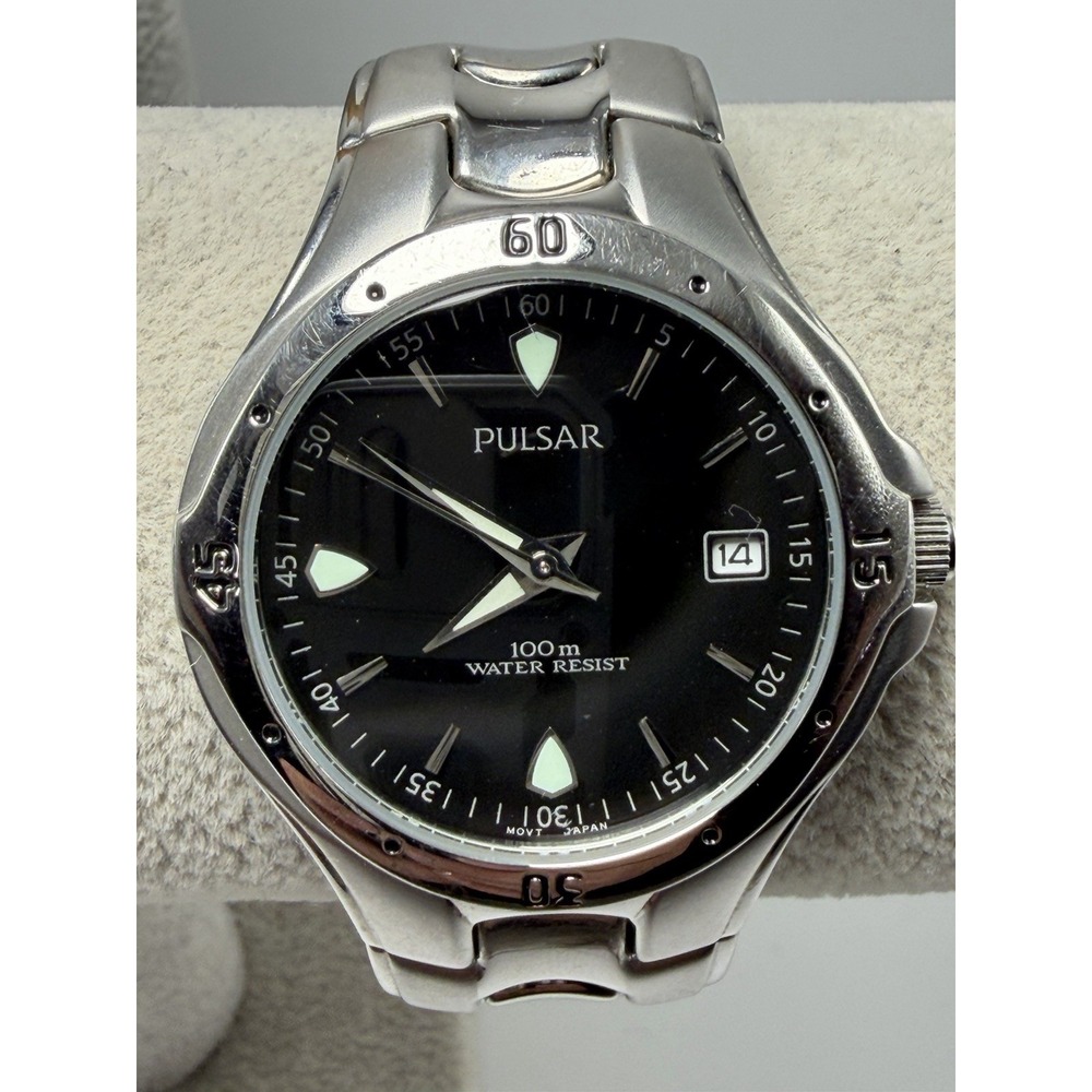 Pulsar VX32-X246 New Battery Mens Watch 36MM 6.75" Black Dial Stainless Steel